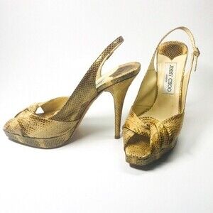 Vintage Jimmy Choo Brown Snakeskin Feminine Party Twist Peeptoe Pumps Size 37.5